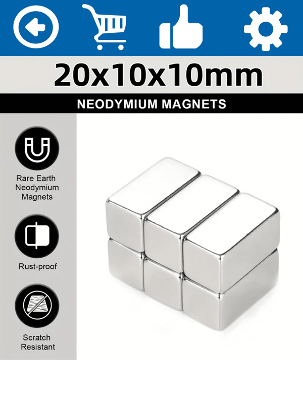 6 Stücke 20x10x10mm seltene Erden Metall rechteckige Kratzer-beständige und Rost-beständige Magnete, geeignet für Küche und Kühlschrank, Küchenmagnete | polierte Oberfläche | langanhaltend Kühlschrankmagnete