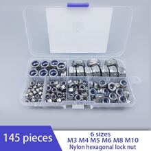Kit surtido de 145 piezas de tuercas de seguridad con inserto de nailon métrico, Tallas de M3 a M10, acero inoxidable 304, tuercas de seguridad hexagonales de grado profesional para pernos, proyectos DIY y mantenimiento de maquinaria