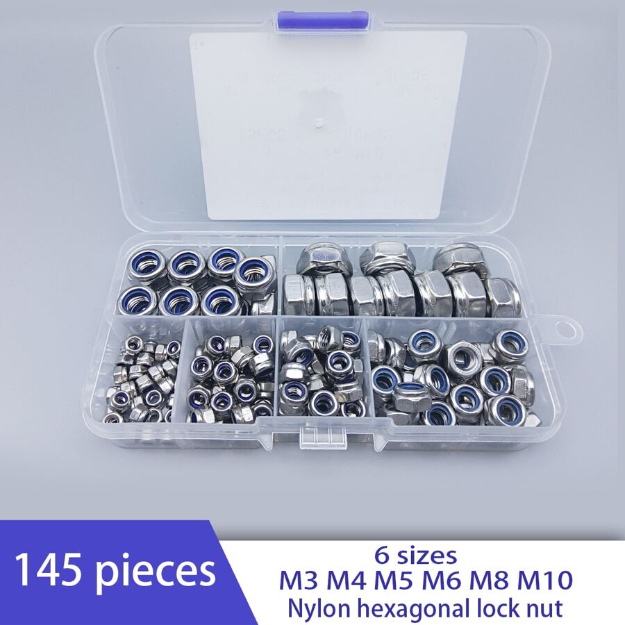 Kit surtido de 145 piezas de tuercas de seguridad con inserto de nailon métrico, Tallas de M3 a M10, acero inoxidable 304, tuercas de seguridad hexagonales de grado profesional para pernos, proyectos DIY y mantenimiento de maquinaria