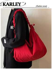 褶皱云腋下包，韩版百搭单肩包，斜挎包，大号尼龙托特包，饺子包，月牙包 - 紅色 - 查看 2