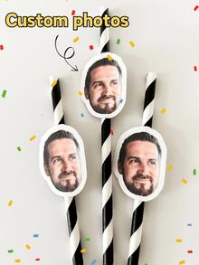 Pajitas personalizadas para fiestas con pegatinas de fotos de caras, decoraciones personalizadas para cumpleaños, bodas, graduaciones, despedidas de soltero y soltera, recortes de caras personalizados, recuerdos de fiesta - Multicolor (con paja) - Ver 2