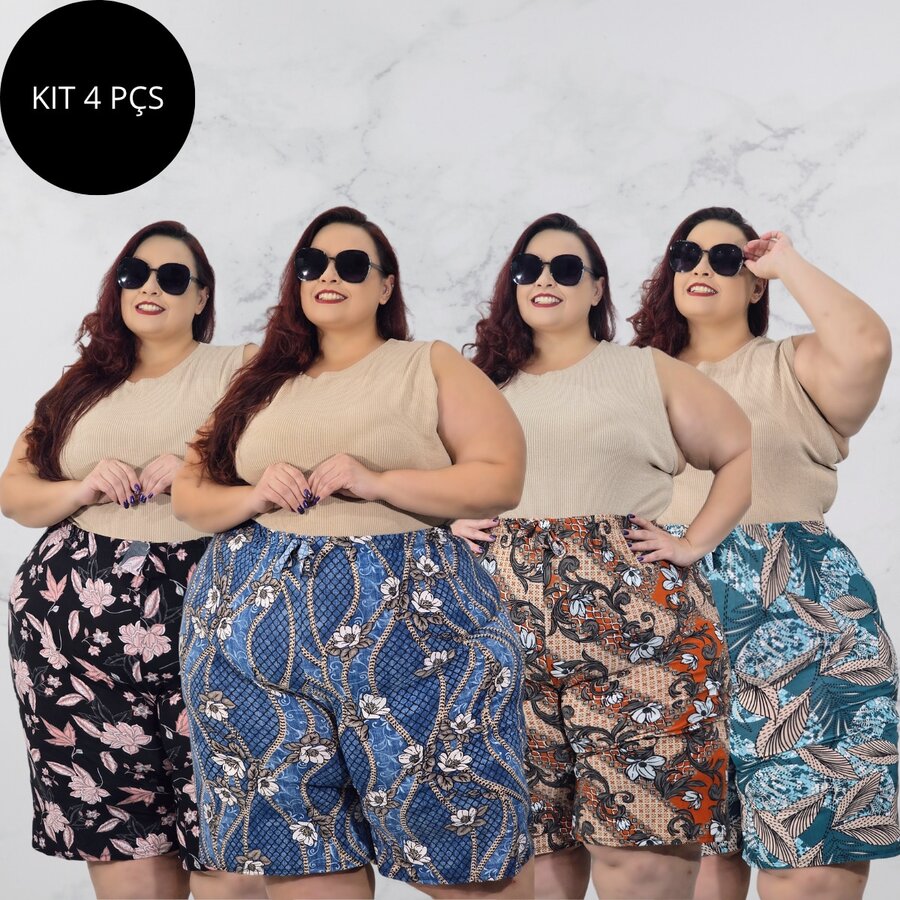 Kit 4 Bermuda Shorts Plus Size Garter Belt Affordable Fashion Curvy With Elastic Waist Real Curves Fresh - 彩色 - 查看 1