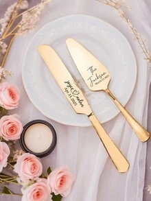 Customized Text LOGO Stainless Steel Wedding Cake Cutting Knife And Spatula Set, Stainless Steel Cake Cutter And Scraper, Suitable For Wedding, Birthday, Anniversary And Party Cake Cutting - Multicolor - View 2