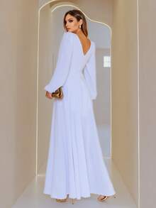 Scarlet NM Nana Marie Long Sleeve V Neck Slit Flowy Evening Dress Formal Bridesmaid Dress - 白色 - 查看 2