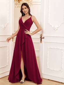 Volly Toych Burgundy Asymmetric V-Neck A-Line Long Bridesmaid Dress, Formal Gown - Burgundy - View 5