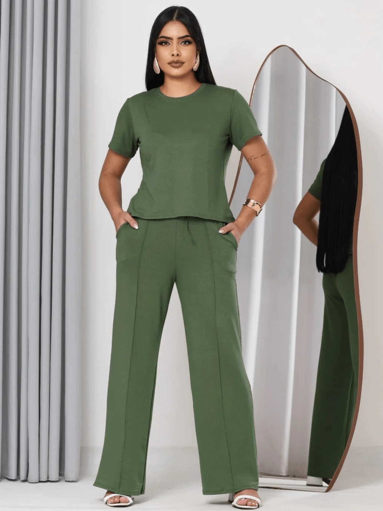 Women's Comfort Casual Sweatsuit Set - 軍綠色 - 查看 1