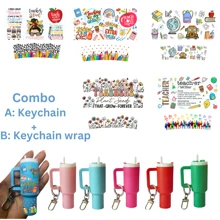 5 In 1 - 5pcs DIY Mini Tumbler Keychain Set With Teacher Print Decals - Colorful Polyvinyl Charms, Pre-Pasted Transfer Stickers For Handbag & Mini Cup Decor, Perfect Gift For Teachers, Classroom Supplies | Playful Design | Glossy Finish
