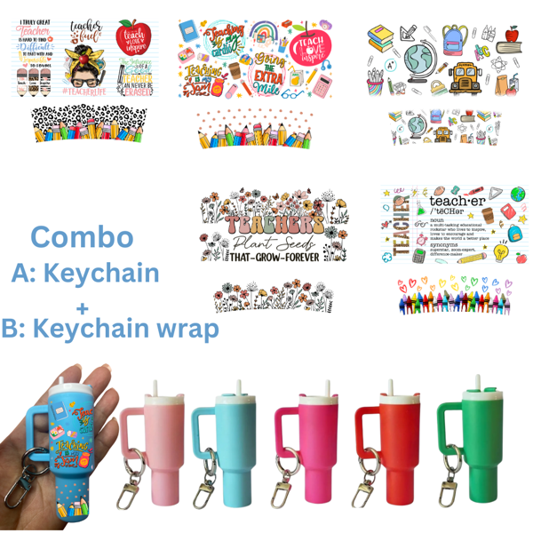 5 In 1 - 5pcs DIY Mini Tumbler Keychain Set With Teacher Print Decals - Colorful Polyvinyl Charms, Pre-Pasted Transfer Stickers For Handbag & Mini Cup Decor, Perfect Gift For Teachers, Classroom Supplies | Playful Design | Glossy Finish