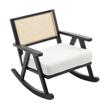 Chairus Upholstered Rocking Chair For Living Room Linen Relax Chair With Rattan Backrest Leisure Lounge Armchair With Solid Wood Legs Bedroom - Black - View 8