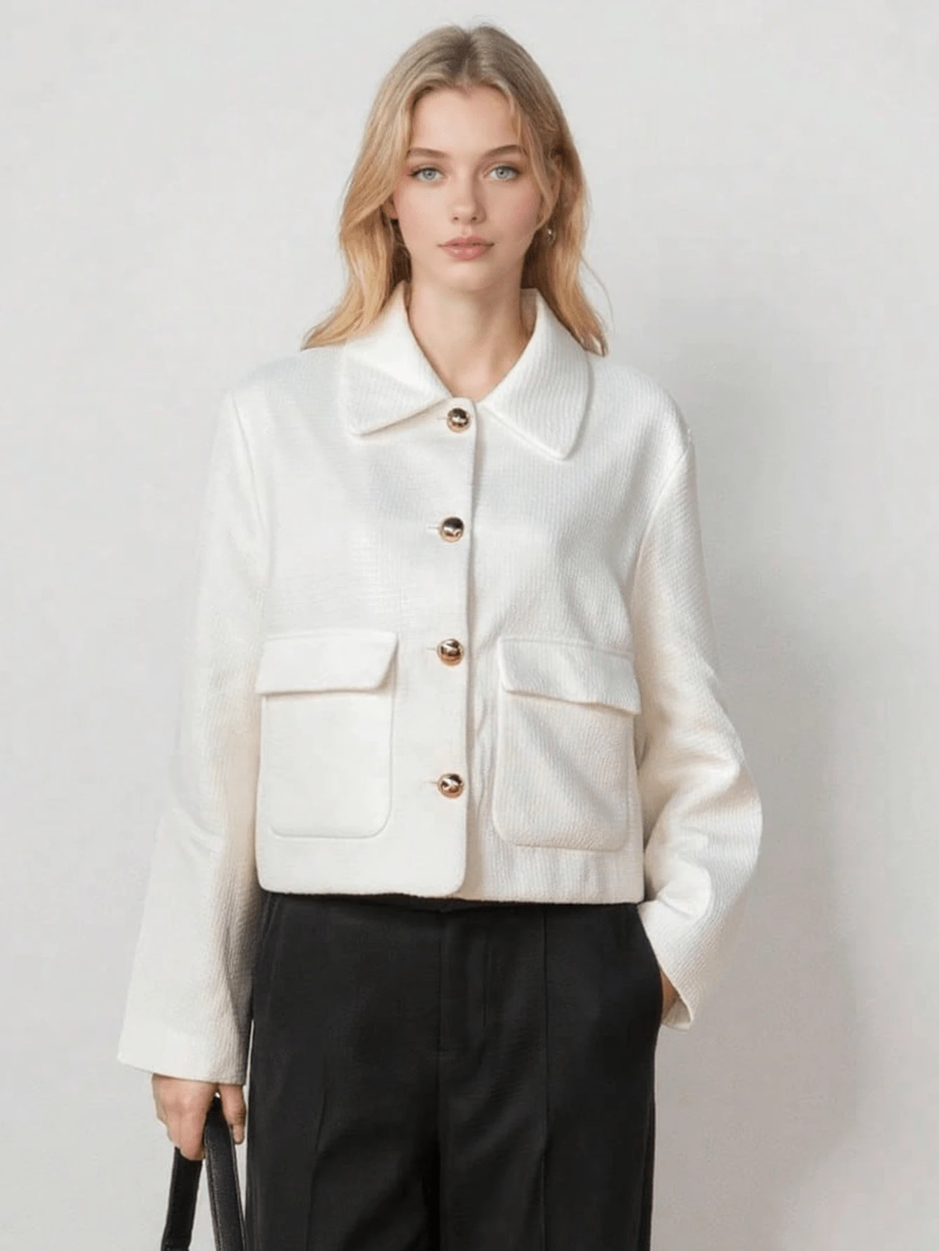 Women's New Short Jacket, Coarse Woolen, Simple And Fashionable, Symmetrical Pocket Texture, Small Fragrant Style Jacket - White - View 1