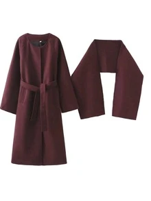Women's New Casual Versatile Scarf Collar Vintage Coat, Long Sleeve Warm Commute Elegant Lady Style Long Burgundy Overcoat, Autumn/Winter Spring - Burgundy - View 9