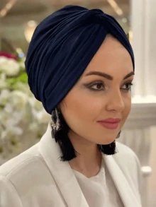 1 pieza Turbante interior sólido instantáneo Hijabs Gorras Sombrero para vestir - Azul marino - Ver 2