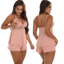 KIT Baby Doll Amamentação + Bermuda Cinta Modeladora Pós Parto para Mamães Gravidas Maternidade