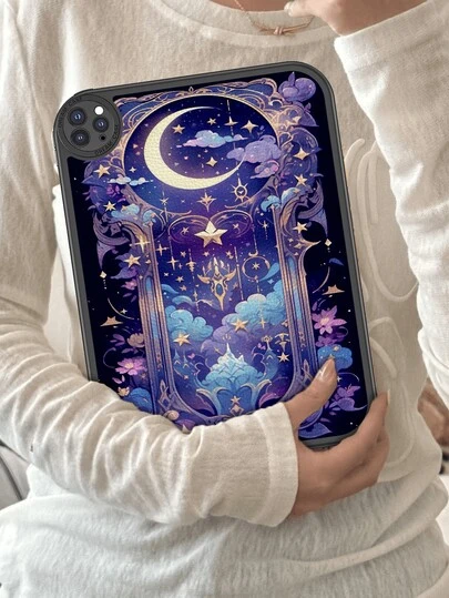 1pc Star & Moon Purple Dreamy: Tranquil Cosmic Symphony Illustration Anti-Drop Tablet Case, Built-In 360-Degree Thick Anti-Drop Protection For IPad 10th Gen 10.9", Portable Leather IPad 10.2" Tablet Protective Cover