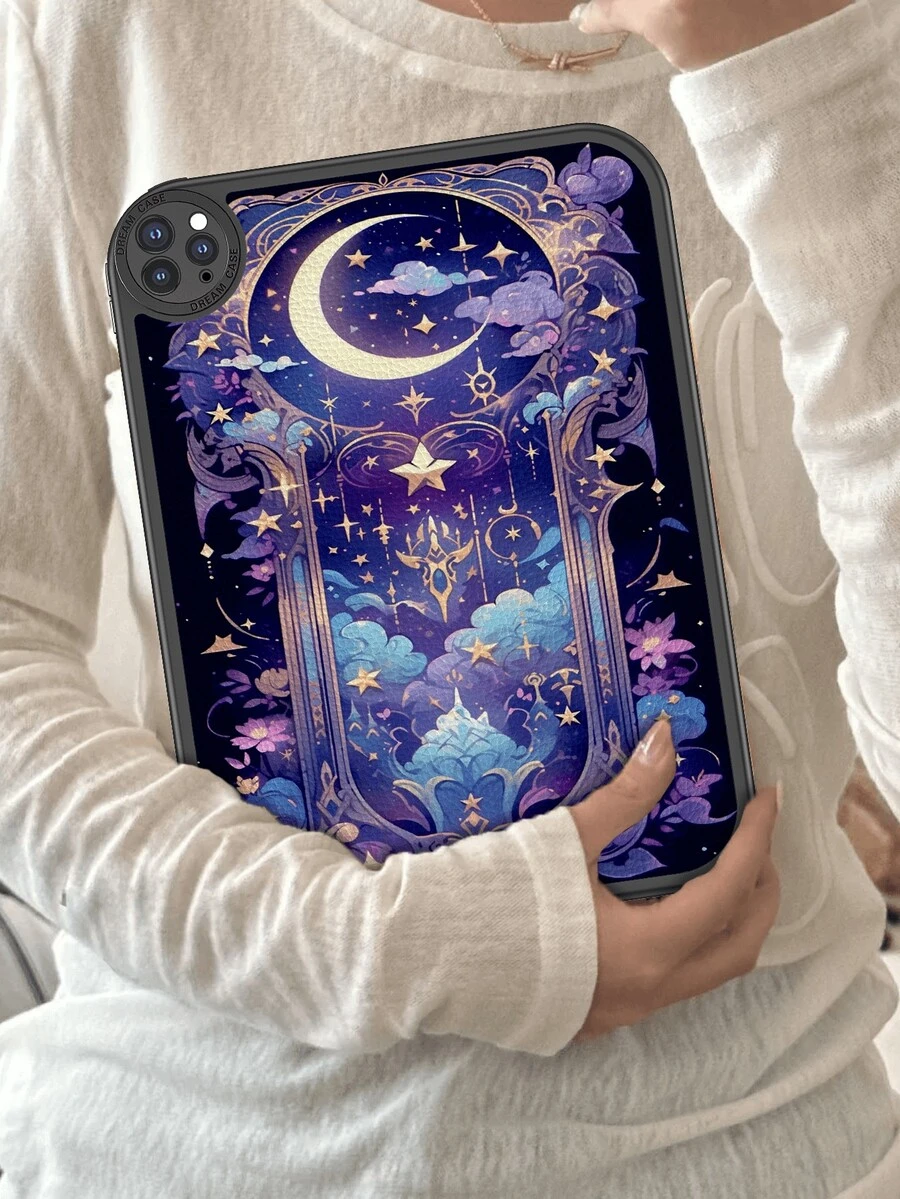 1pc Star & Moon Purple Dreamy: Tranquil Cosmic Symphony Illustration Anti-Drop Tablet Case, Built-In 360-Degree Thick Anti-Drop Protection For IPad 10th Gen 10.9", Portable Leather IPad 10.2" Tablet Protective Cover - Multicolor - View 1