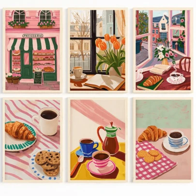 1 pieza Pintura en lienzo con ilustración de una panadería de la ciudad de una cafetería con cruasanes y galletas, póster de arte para decoración de la cocina y el hogar, con opción de marco