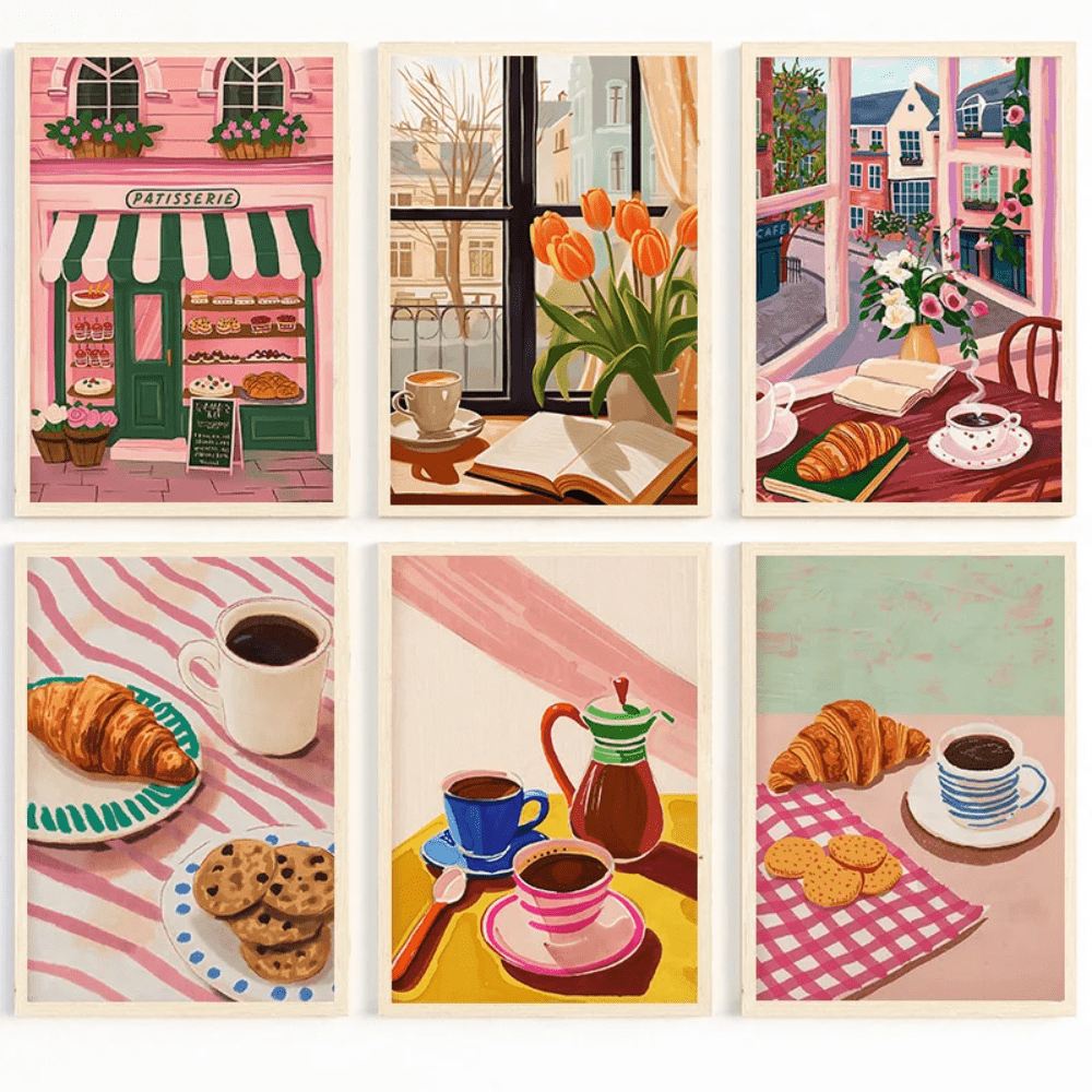 1 Stück Kaffeehaus Stadt Bäckerei Illustration Poster Gemälde auf Leinwand mit Darstellung von Croissants und Keksen, Wandbild für Küche und Zuhause Dekoration, optionaler Rahmen