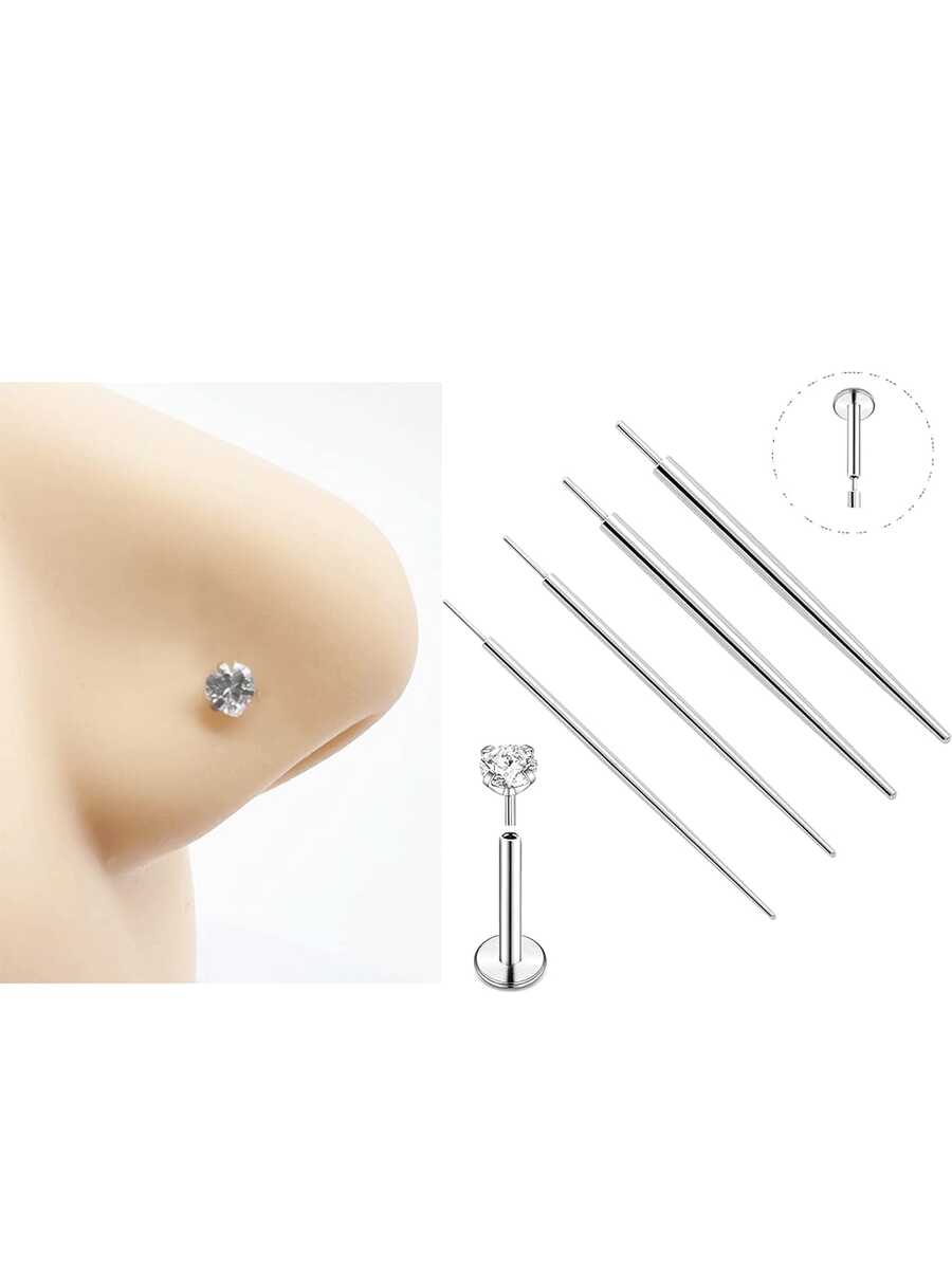 5 PCS/Set Fashionable Stainless Steel With White Heart-Shaped Nose Rins Including Perforated Tool Pins And Guide Pins Is Suitable For Women To Wear On A Daily Basis - Silver - View 1