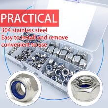 Kit surtido de 145 piezas de tuercas de seguridad con inserto de nailon métrico, Tallas de M3 a M10, acero inoxidable 304, tuercas de seguridad hexagonales de grado profesional para pernos, proyectos DIY y mantenimiento de maquinaria