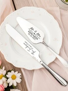 Customized Text LOGO Stainless Steel Wedding Cake Cutting Knife And Spatula Set, Stainless Steel Cake Cutter And Scraper, Suitable For Wedding, Birthday, Anniversary And Party Cake Cutting - Multicolor - View 3