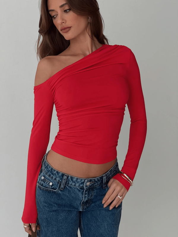 QIANZHIDU Women Asymmetrical Shoulder T-Shirt, Casual College Style Graduation Outfit, 4th Of July Loose T-Shirt, Solid Color Fitted Women Spring Autumn T-Shirt