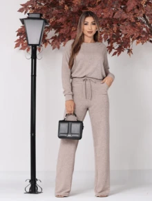 Women's Winter Set, Long Sleeve Blouse And Wide Leg Pants - Nude - 查看 1