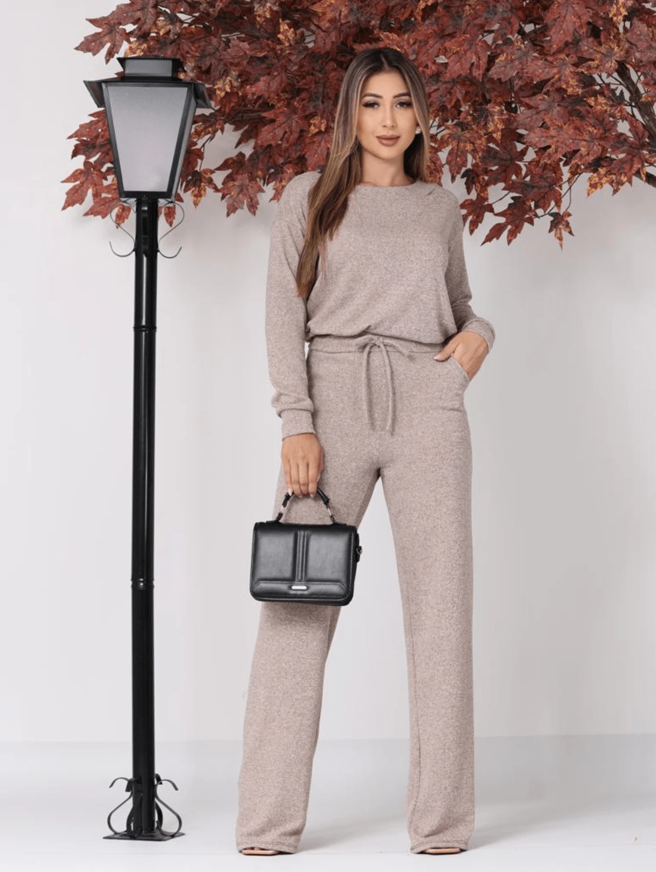 Women's Winter Set, Long Sleeve Blouse And Wide Leg Pants - Nude - 查看 1