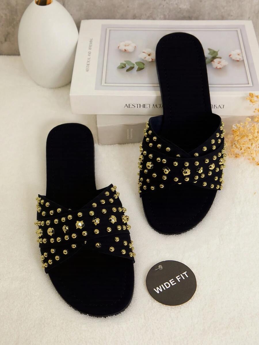 REVREAL Black Studded Slide Sandals Summer Sandals For Women - Black - View 1