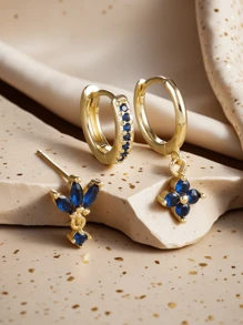 3 pièces Set de boucles d'oreilles pendantes à la mode avec zirconium orange pour femmes. Boucles d'oreilles à fleurs pendantes en acier inoxydable. Bijoux de piercing