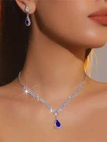 Juego de joyas con colgante de gota de agua con diamantes de imitación, adecuado para novia de boda, fiesta formal y ropa de noche - Plateado - Ver 1