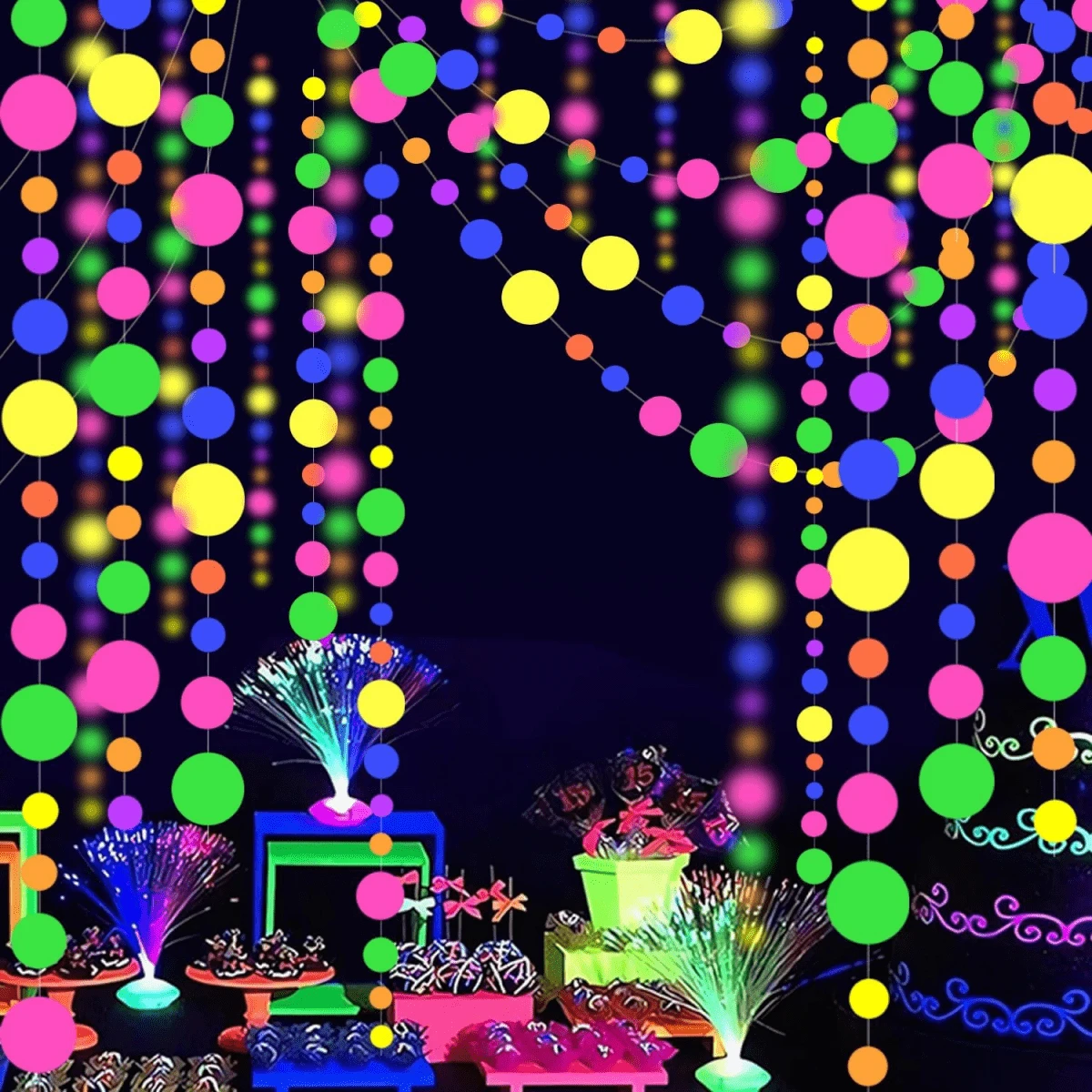 1 pieza Guirnalda de papel fluorescente que brilla en la oscuridad con puntos UV, decoraciones de fiesta neón reactivas a la luz negra, para fiestas, bodas, cumpleaños, bares y decoración de fondo - Multicolor - Ver 1