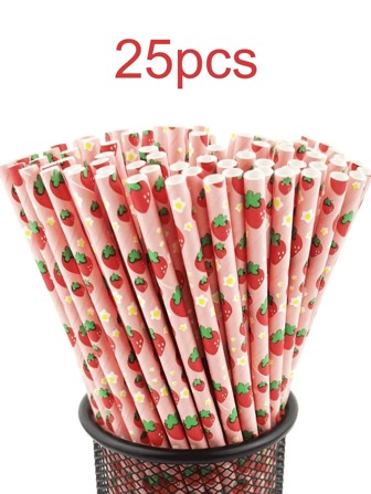 25/50 szt. Słomki na imprezę truskawkową, letnie słomki na imprezę owocową - świetne na artykuły na przyjęcie urodzinowe, artykuły na letnie przyjęcie z grilla, różowe słomki papierowe z truskawkami, słodkie przyjęcie jagodowe, artykuły szkolne