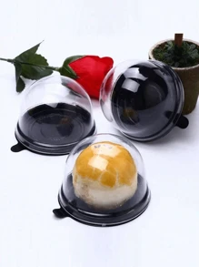 50 piezas Cajas de pastel mini transparentes con tapas, soportes redondos para magdalenas, envases de plástico para pastelitos de huevo y yema, cajas cúpula para pasteles de luna, cajas de embalaje para dulces y chocolates, cajas de embalaje para hornear, utensilios de cocina, suministros de cocina, para fiestas de Navidad y boda (Negro)