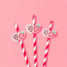 Custom Strawberry Photo Confetti, Personalized Party Straws, 1st Birthday Strawberry Patch Decor, Customizable Face Cupcake Toppers, Back To School - Multicolor - View 3