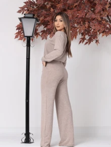 Women's Winter Set, Long Sleeve Blouse And Wide Leg Pants - Nude - 查看 3