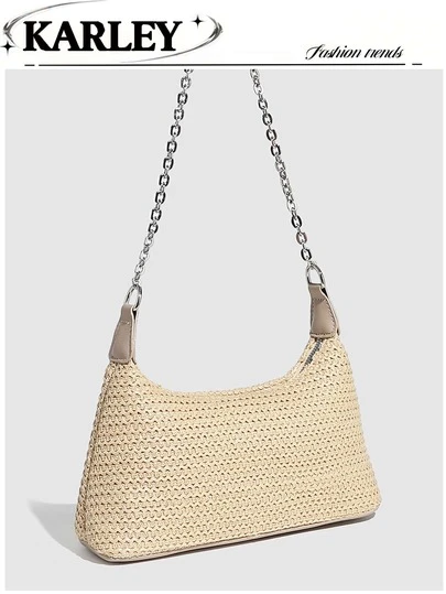 New Fashion Chain Straw Woven Bag, Bohemian Style Braided Baguette Shoulder Bag Suitable For Casual, Holiday, Shopping, Straw Bag