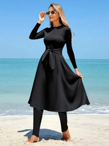 Costume da bagno modesto in 2 pezzi in maglia monocromatica, donna, con top a maniche lunghe e pantaloni lunghi, adatto per spiaggia e vacanza