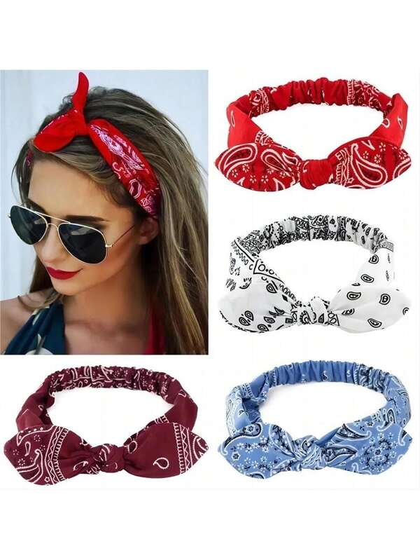 1/3/5/8pcs New Rabbit Ear Twist Elastic Headbands, Cashew Flower Print Stretchy Headscarves, Narrow Edge Ditsy Floral Wire Fixing Hair Accessories For Women