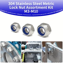 Kit surtido de 145 piezas de tuercas de seguridad con inserto de nailon métrico, Tallas de M3 a M10, acero inoxidable 304, tuercas de seguridad hexagonales de grado profesional para pernos, proyectos DIY y mantenimiento de maquinaria