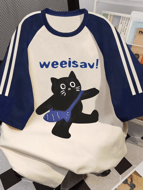 Teen Girls' American-Style Short-Sleeved T-Shirt With A Cat Pattern Print, Summer Loose Short-Sleeved Round-Neck Top,Spring And Summer New Styles