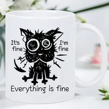 "It's Fine" Sarcastic Black Cat Ceramic Coffee Mug - Insulated Reusable White Cup With Humorous "I'm Fine" Quote, Hand-Wash Only, Perfect Gift For Coffee Enthusiasts & Cat Lovers, Casual Drinkware, Playful Design, Durable Drinkware, Quirky Style, Sturdy Construction, Office Workers - Không sao đâu - Xem 3