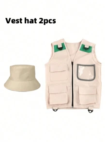 2 pièces Gilet multifonctionnel pour enfants de 3 à 8 ans avec chapeau, style multicolore, tissu respirant et séchage rapide, poches multiples (facile à ranger), avec crochets (facile à accrocher divers outils), convient aux passionnés de sports pour enfants, aventures en plein air, activités scolaires