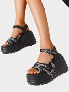 Y2K Style Punk Gothic Women's Platform Chain Sandals Black Chunky Heel Sandals With Heart & Charm Detailing Summer Open Toe Casual Sandals For Daily & Beach Vacation Shoes - Black(2) - 查看 5