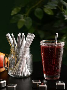 25/50pcs Metallic Silver Paper Straws, Shining Silver Paper Straws, Party Drinking Straw For Cake Pops, Birthday, Anniversary, Wedding, Holiday Celebrations, Party Decor & Supplies,School Supplies - Multicolor - View 2