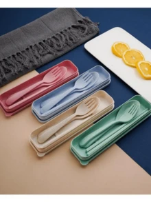 3件餐具套装，叉子+勺子+筷子，3件餐具套装，采用PP材质，防锈，便携，适用于户外、旅行、餐厅、厨房、学校用品 - 彩色 - 查看 4