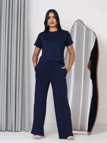 Women's Comfort Casual Sweatsuit Set - 藏蓝色 - 查看 1