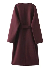 Women's New Casual Versatile Scarf Collar Vintage Coat, Long Sleeve Warm Commute Elegant Lady Style Long Burgundy Overcoat, Autumn/Winter Spring - Burgundy - View 10