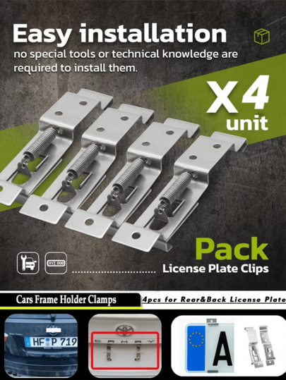 4 piezas Clips para placa de matrícula de coche estándar europeo, estructura de muelle metálica, diseño invisible y minimalista, fácil instalación, montaje seguro de la placa, adecuado para placas de matrícula europeas (excepto Austria)
