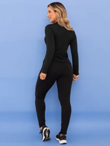 Thermal Set Blouse Second Skin Pants Leggings Plush Fitness Women's Winter Legging Plush Flannel Tarelles - 黑色 - 查看 4