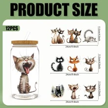 12PCS/SET UV DTF Cup Wraps Weird Cat Style Self-Adhesive Sticker For Coffee Cups, Water Bottles, Home Decor, Laptops And Refrigerator DIY Crafts(Mug Not Included), School Supplies,Back To School